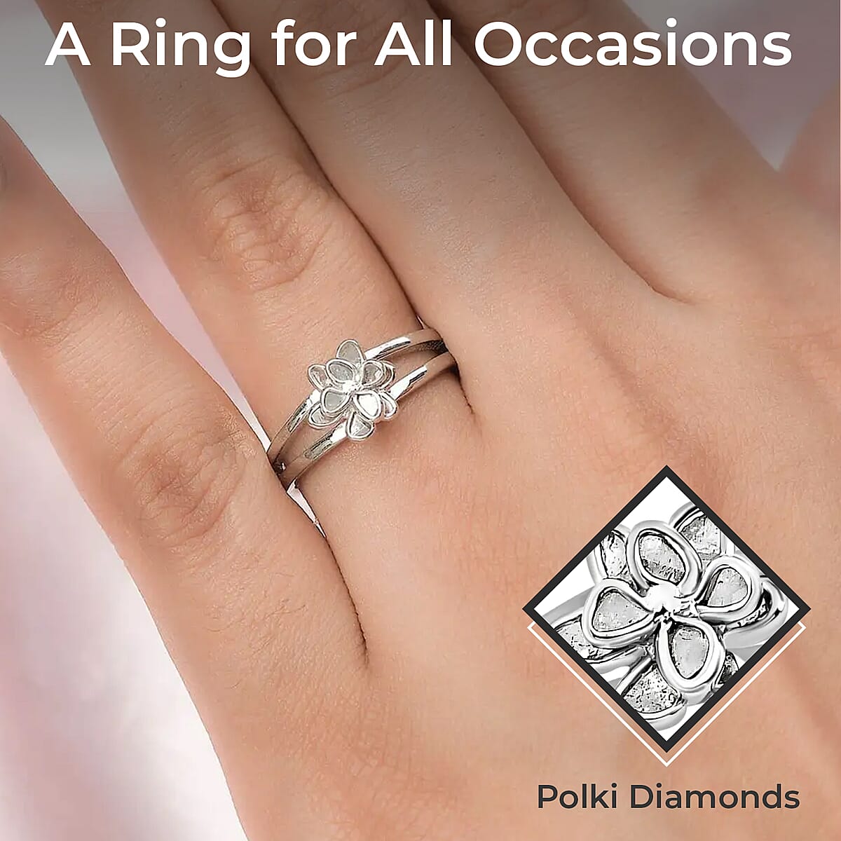 Natural Uncut Polki Diamond 0.25 ctw Floral Ring in Sterling Silver, Flower Jewelry, Diamond Gift For Her (Size 9.00) image number 2