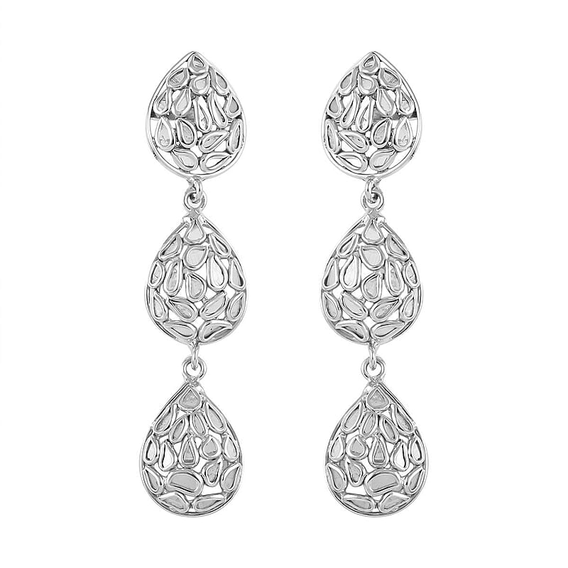 Polki Diamond Dangle Earrings in Sterling Silver 1.50 ctw