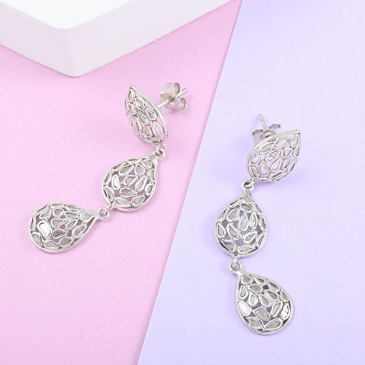 Polki Diamond Dangle Earrings in Sterling Silver 1.50 ctw image number 1