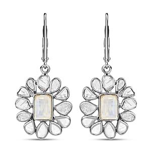 White Moonstone Earrings, Polki Diamond Accent Earrings, Flower Earrings, Floral Earrings, Sterling Silver Earrings, Drop Earrings, Lever Back Earrings 2.00 ctw