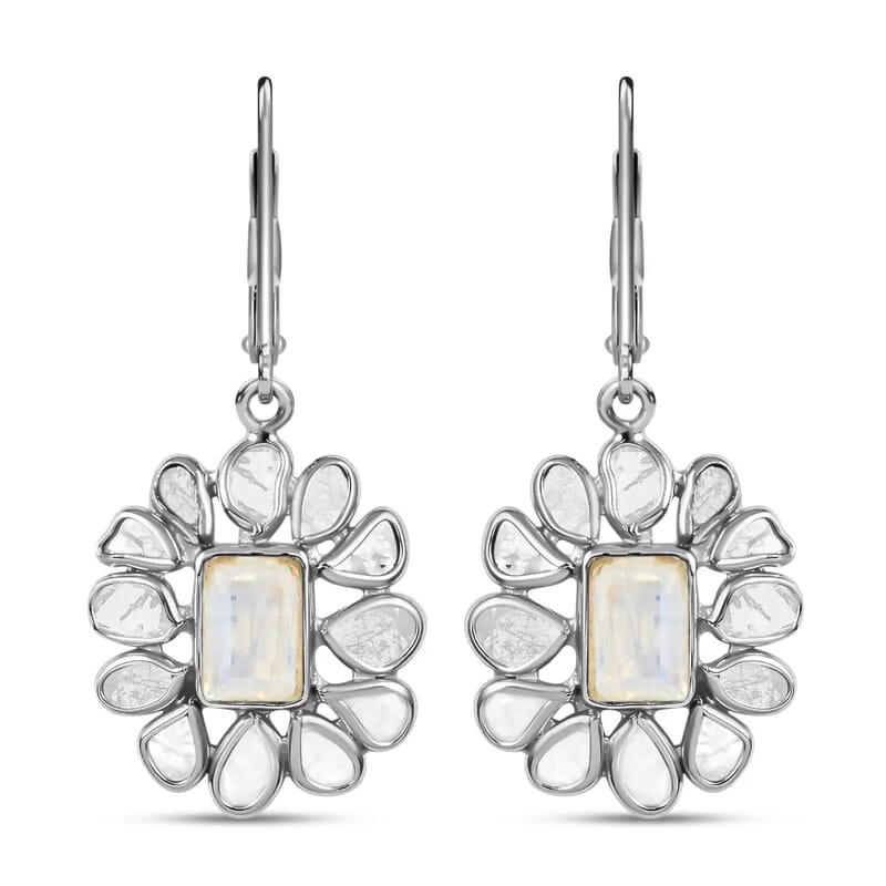 White Moonstone Earrings, Polki Diamond Accent Earrings, Flower Earrings, Floral Earrings, Sterling Silver Earrings, Drop Earrings, Lever Back Earrings 2.00 ctw