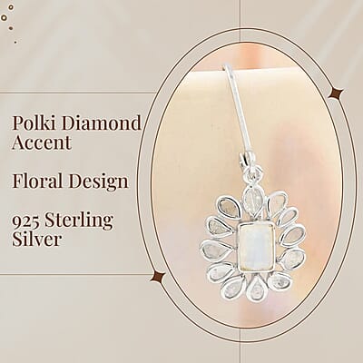 White Moonstone Earrings, Polki Diamond Accent Earrings, Flower Earrings, Floral Earrings, Sterling Silver Earrings, Drop Earrings, Lever Back Earrings 2.00 ctw