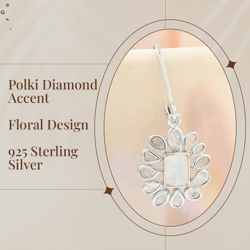 White Moonstone Earrings, Polki Diamond Accent Earrings, Flower Earrings, Floral Earrings, Sterling Silver Earrings, Drop Earrings, Lever Back Earrings 2.00 ctw