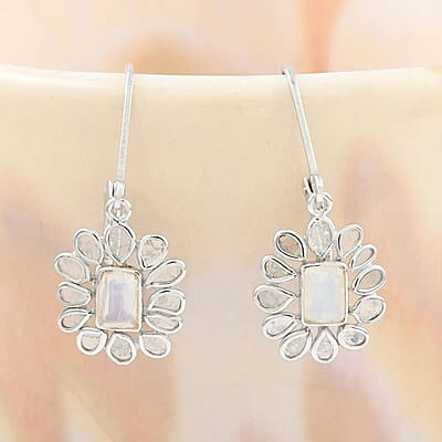 White Moonstone Earrings, Polki Diamond Accent Earrings, Flower Earrings, Floral Earrings, Sterling Silver Earrings, Drop Earrings, Lever Back Earrings 2.00 ctw