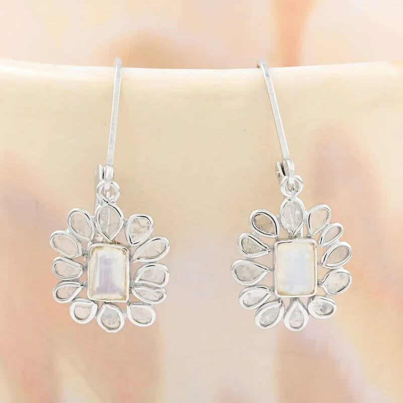 White Moonstone Earrings, Polki Diamond Accent Earrings, Flower Earrings, Floral Earrings, Sterling Silver Earrings, Drop Earrings, Lever Back Earrings 2.00 ctw