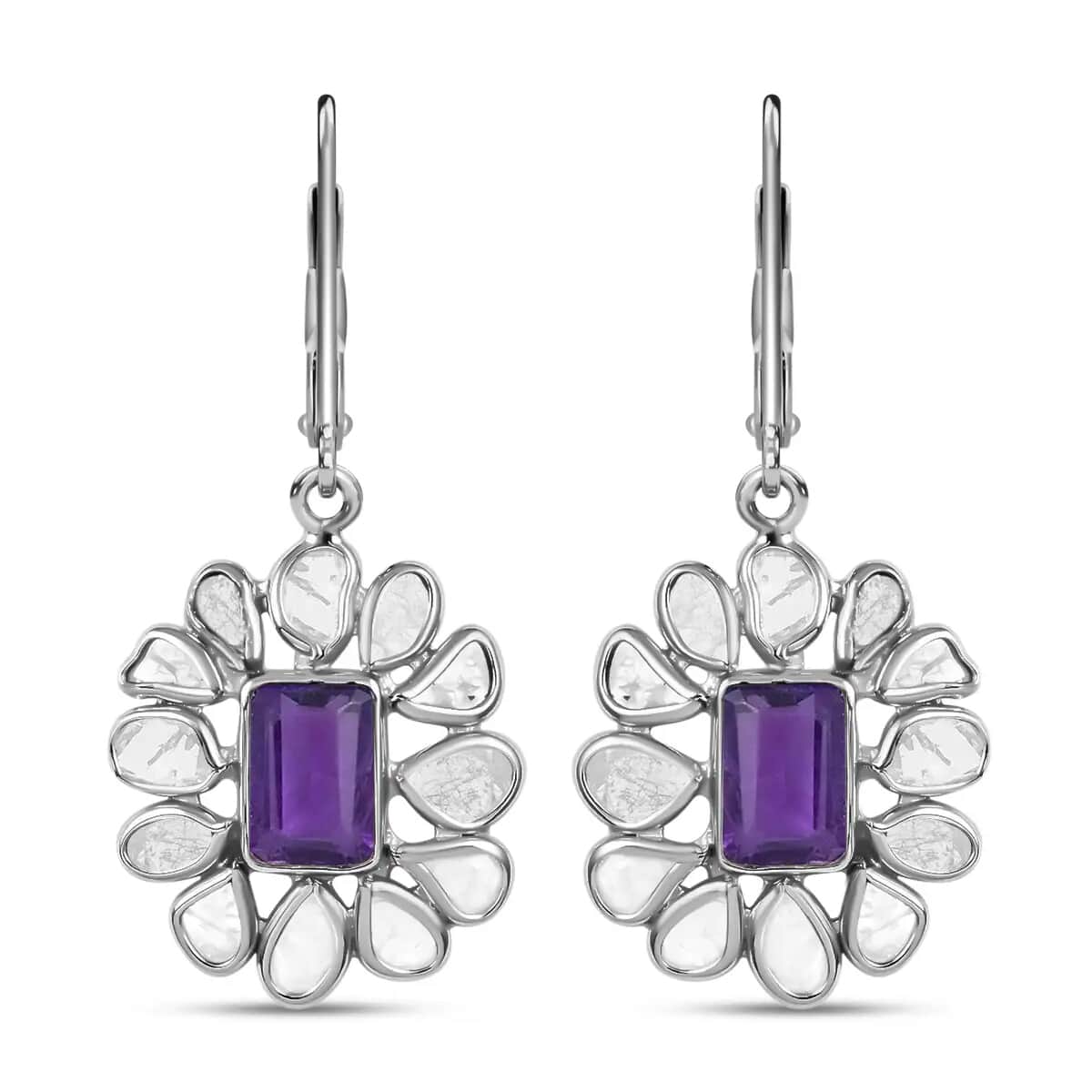 Amethyst Earrings, Polki Diamond Accent Earrings, Flower Earrings, Floral Earrings, Sterling Silver Earrings, Drop Earrings, Lever Back Earrings 2.00 ctw image number 0