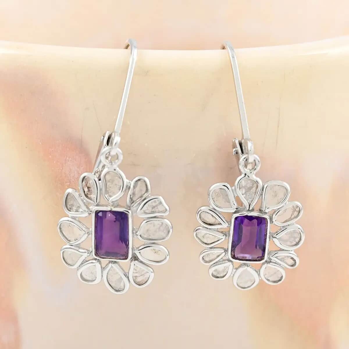 Amethyst Earrings, Polki Diamond Accent Earrings, Flower Earrings, Floral Earrings, Sterling Silver Earrings, Drop Earrings, Lever Back Earrings 2.00 ctw image number 3