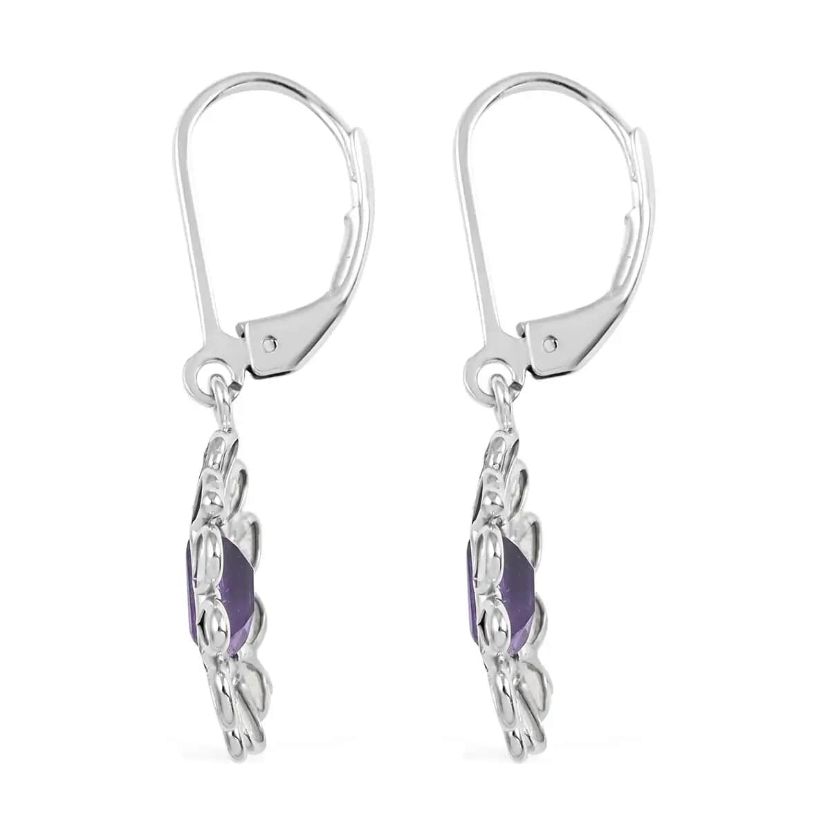 Amethyst Earrings, Polki Diamond Accent Earrings, Flower Earrings, Floral Earrings, Sterling Silver Earrings, Drop Earrings, Lever Back Earrings 2.00 ctw image number 4