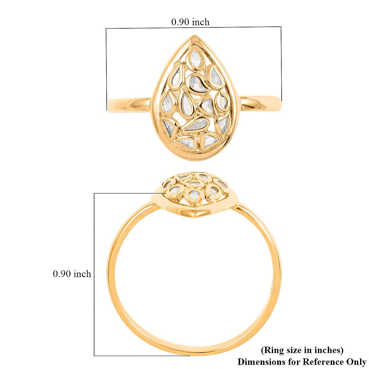 Polki Diamond Pear Shape Ring in 14K Yellow Gold Over Sterling Silver (Size 5.0) 0.25 ctw image number 4