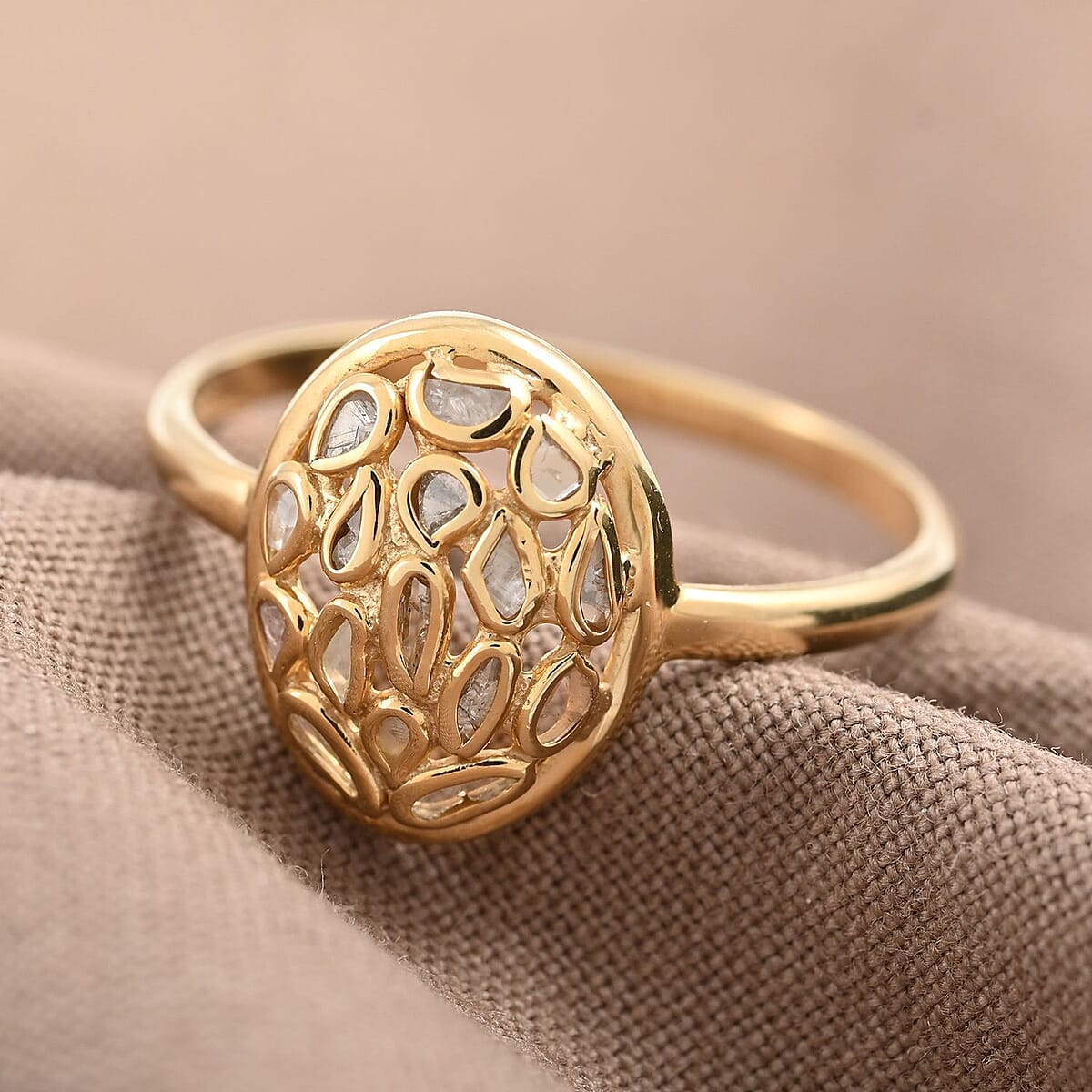 Polki Diamond Oval Shape Ring in 14K Yellow Gold Over Sterling Silver (Size 5.0) 0.25 ctw image number 1