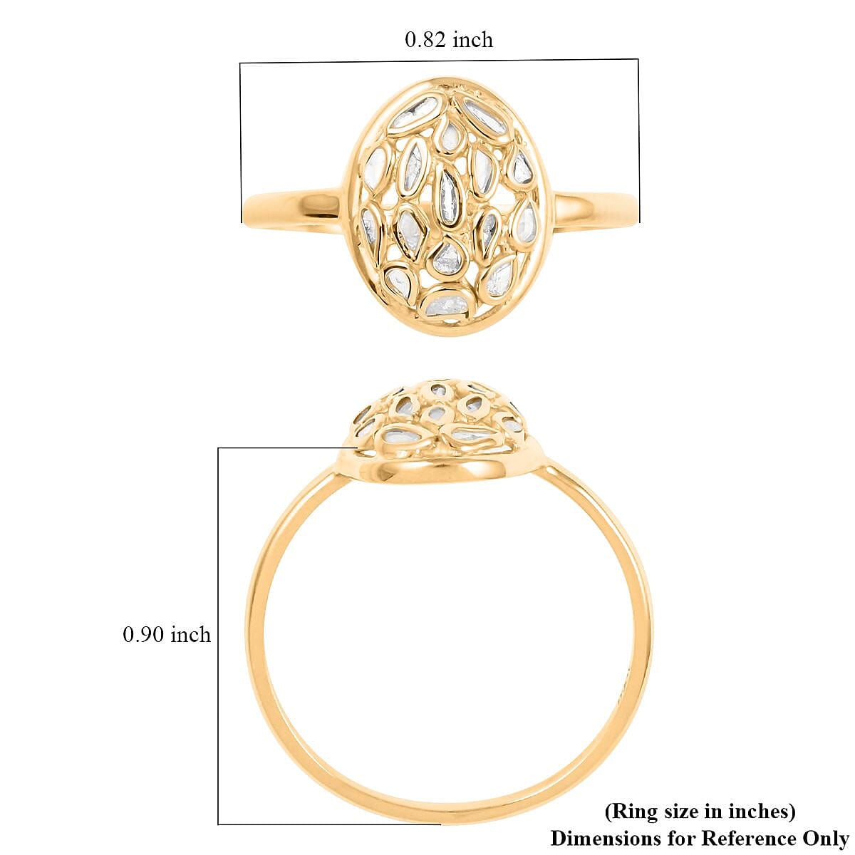 Polki Diamond Oval Shape Ring in 14K Yellow Gold Over Sterling Silver (Size 5.0) 0.25 ctw image number 4