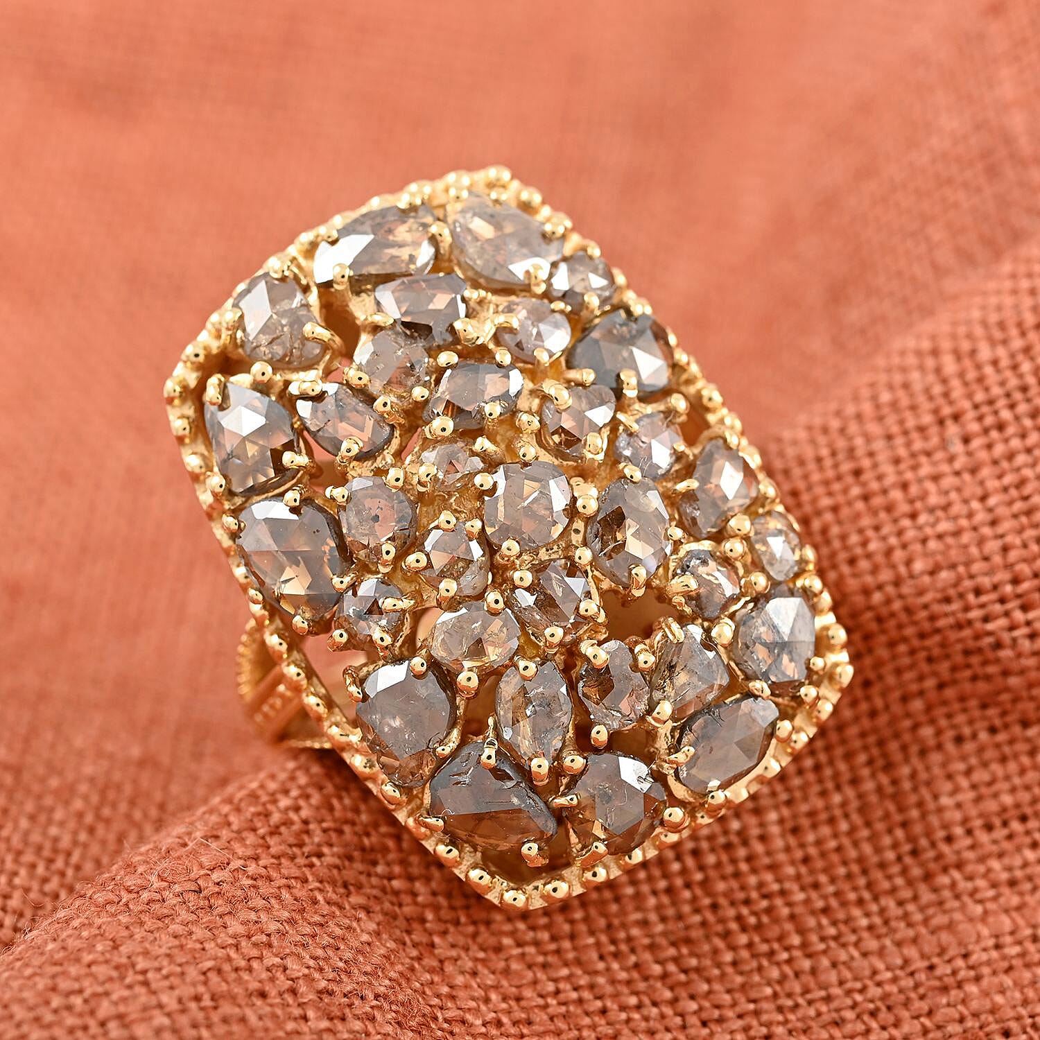 Rose Cut Champagne Diamond 5.00 ctw Cluster Ring in Vermeil YG Over Sterling Silver, Cluster Engagement Rings,Statement Rings (Size 10)