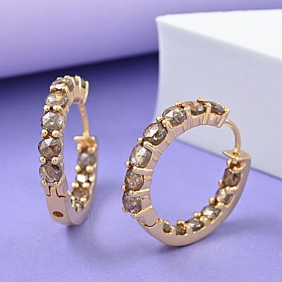 Natural Champagne Diamond Hoop Earrings in Vermeil Rose Gold Over Sterling Silver 5.00 ctw