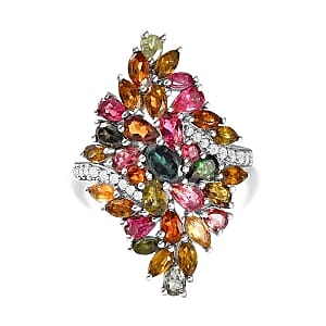 Multi Tourmaline and White Zircon 6.11 ctw Ring in Platinum Over Sterling Silver (Size 10)