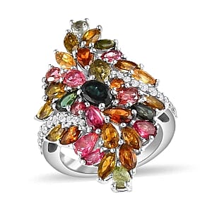 Multi Tourmaline and White Zircon 6.11 ctw Ring in Platinum Over Sterling Silver (Size 10)