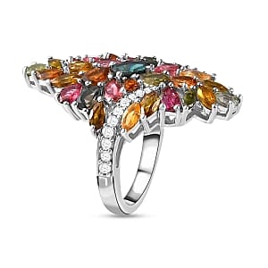 Multi Tourmaline and White Zircon 6.11 ctw Ring in Platinum Over Sterling Silver (Size 10)