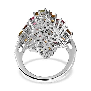 Multi Tourmaline and White Zircon 6.11 ctw Ring in Platinum Over Sterling Silver (Size 10)