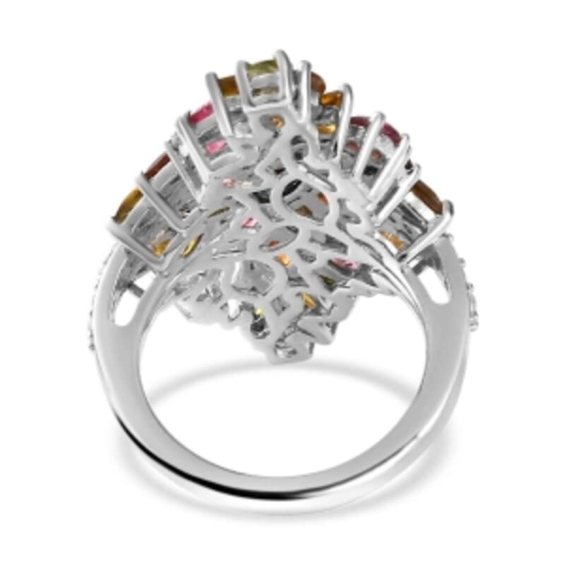 Multi Tourmaline and White Zircon 6.11 ctw Ring in Platinum Over Sterling Silver (Size 10)