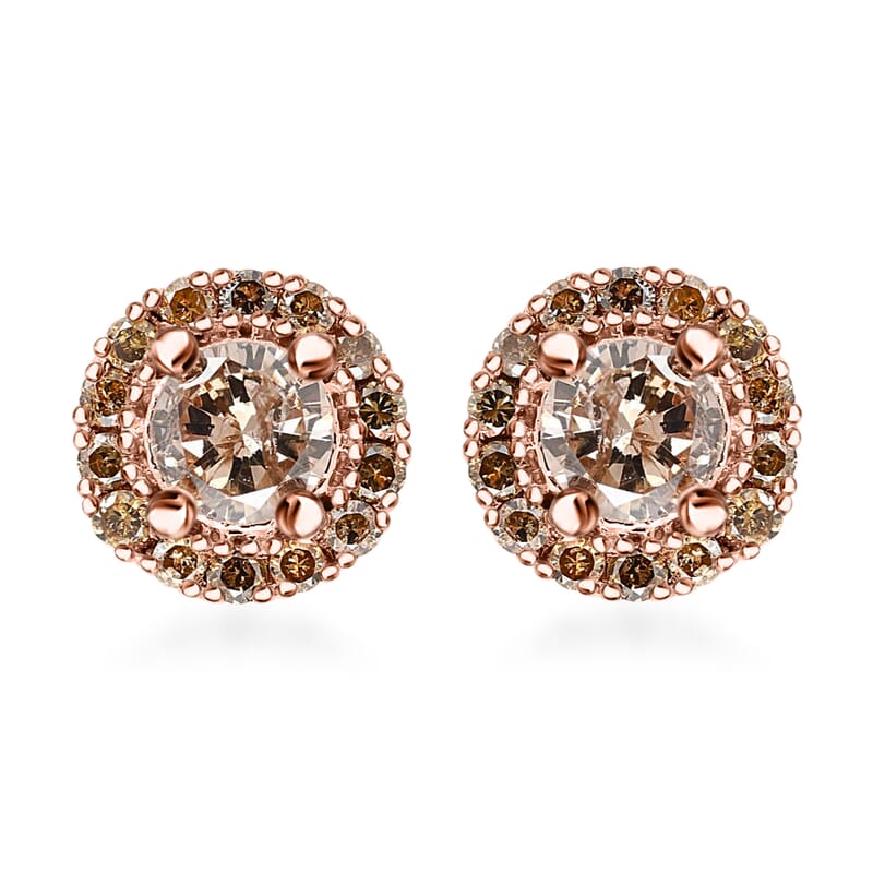 Luxoro Natural Champagne Diamond Earrings, Diamond Studs, 10K Rose Gold Earrings, Diamond Halo Earrings, Halo Stud Earrings 0.50 ctw