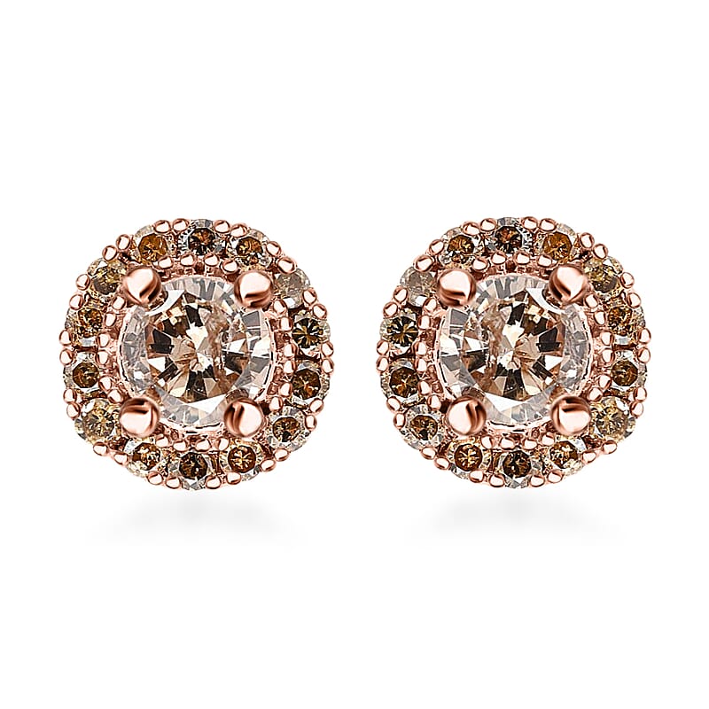 Luxoro Natural Champagne Diamond Earrings, Diamond Studs, 10K Rose Gold Earrings, Diamond Halo Earrings, Halo Stud Earrings 0.50 ctw