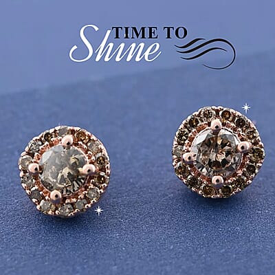 Luxoro Natural Champagne Diamond Earrings, Diamond Studs, 10K Rose Gold Earrings, Diamond Halo Earrings, Halo Stud Earrings 0.50 ctw
