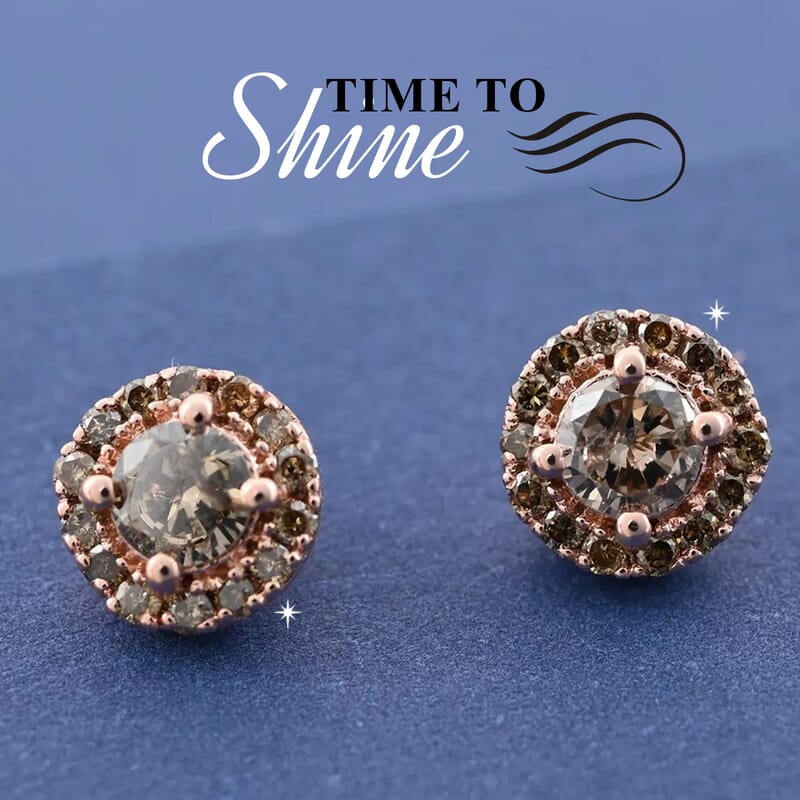 Luxoro Natural Champagne Diamond Earrings, Diamond Studs, 10K Rose Gold Earrings, Diamond Halo Earrings, Halo Stud Earrings 0.50 ctw