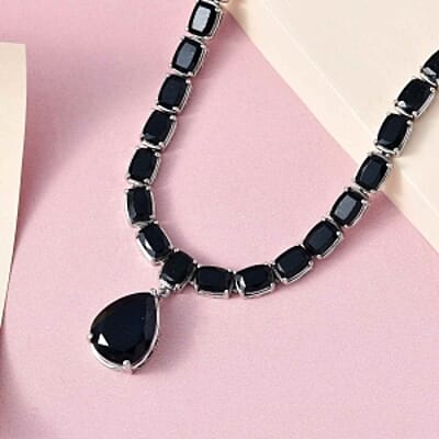 Australian Black Tourmaline Cluster 31.23 ctw Necklace in Platinum Over Sterling Silver 18 Inches