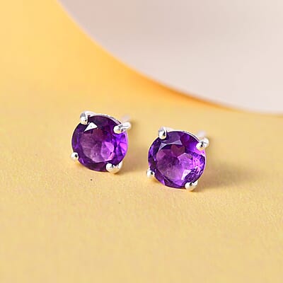 Amethyst Solitaire Stud Earrings in Sterling Silver 1.50 ctw