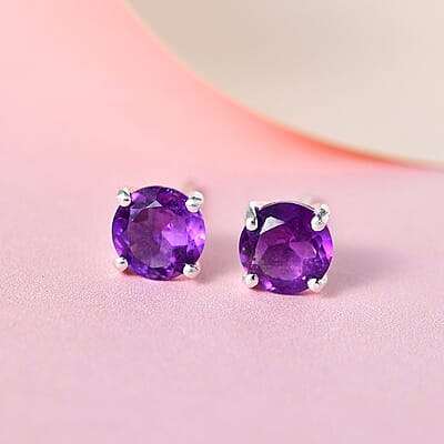 Amethyst Solitaire Stud Earrings in Sterling Silver 1.50 ctw