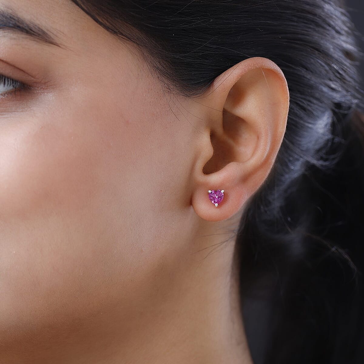 Lab Created Pink Sapphire Heart Stud Earrings in Sterling Silver 1.60 ctw image number 1