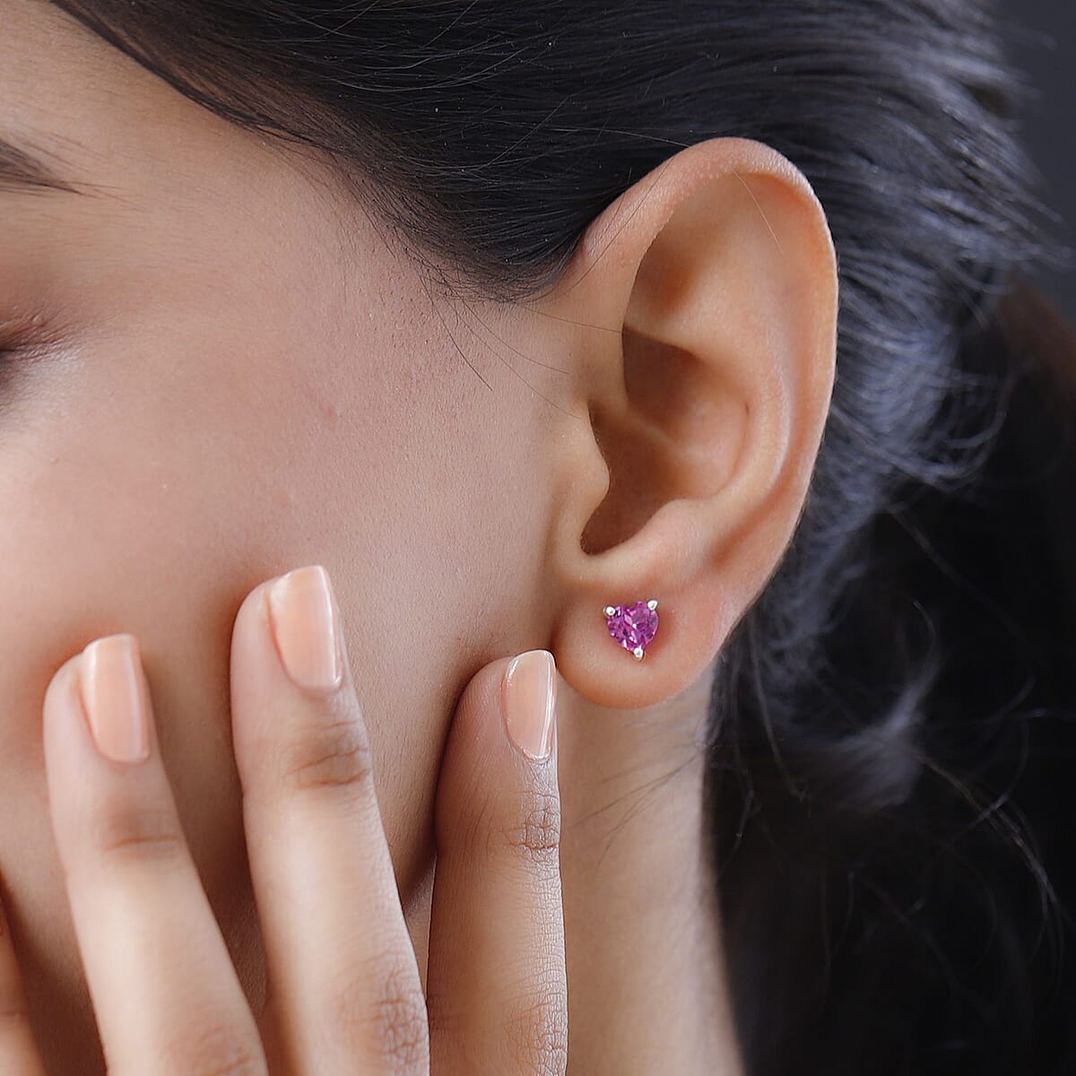 Lab Created Pink Sapphire Heart Stud Earrings in Sterling Silver 1.60 ctw image number 2