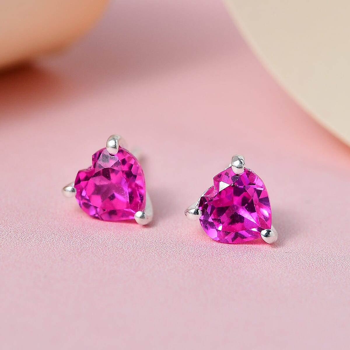 Lab Created Pink Sapphire Heart Stud Earrings in Sterling Silver 1.60 ctw image number 3