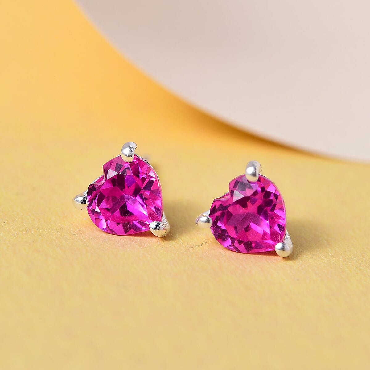 Lab Created Pink Sapphire Heart Stud Earrings in Sterling Silver 1.60 ctw image number 4