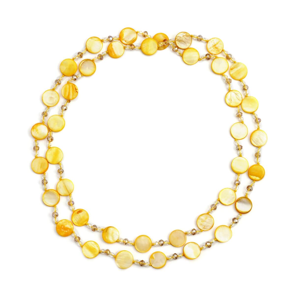 Yellow Shell Pearl Coin, Champagne and White Glass Beaded Necklace 47 Inches image number 0