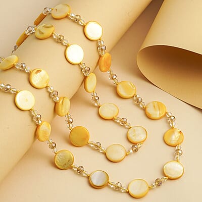 Yellow Shell Pearl Coin, Champagne and White Glass Beaded Necklace 47 Inches