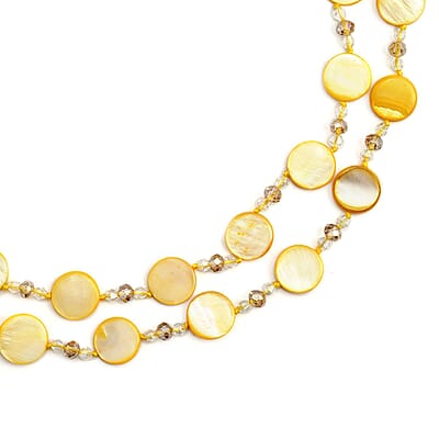 Yellow Shell Pearl Coin, Champagne and White Glass Beaded Necklace 47 Inches