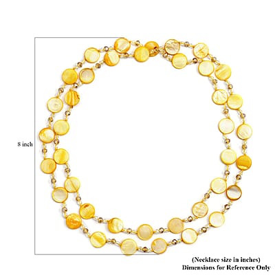 Yellow Shell Pearl Coin, Champagne and White Glass Beaded Necklace 47 Inches