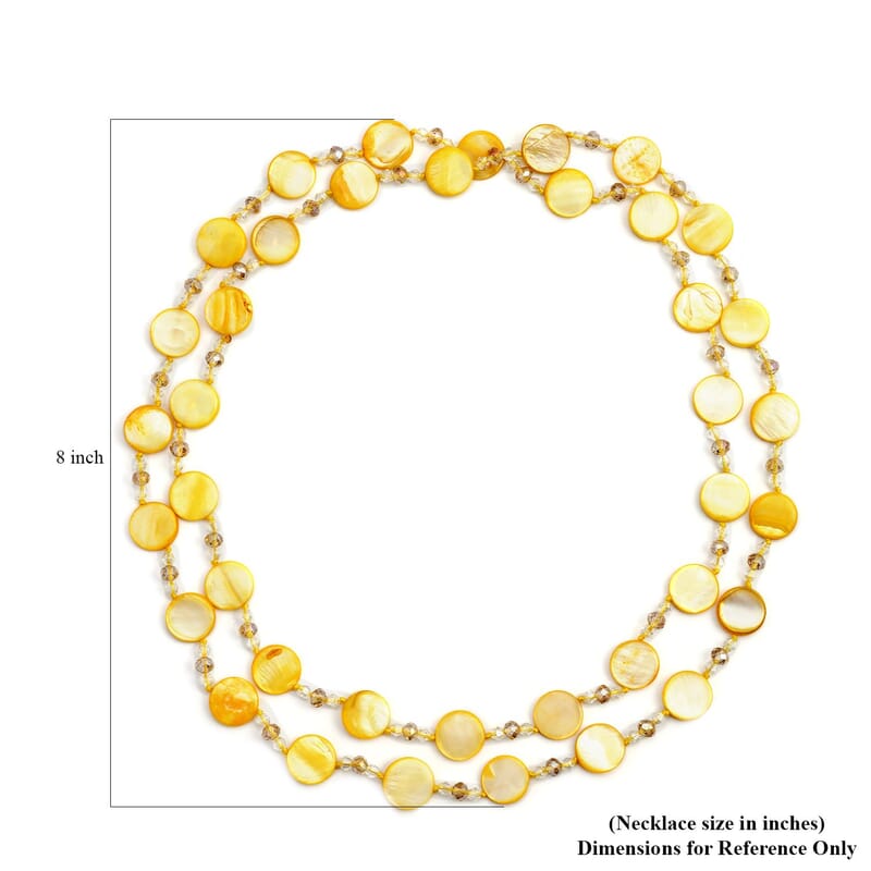 Yellow Shell Pearl Coin, Champagne and White Glass Beaded Necklace 47 Inches