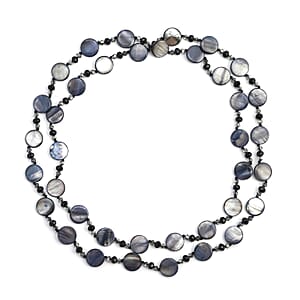 Black Shell Pearl Coin, Black and Grey Glass Beaded Necklace 47 Inches
