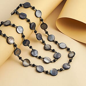 Black Shell Pearl Coin, Black and Grey Glass Beaded Necklace 47 Inches