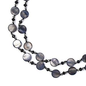 Black Shell Pearl Coin, Black and Grey Glass Beaded Necklace 47 Inches