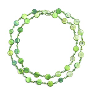 Green Shell Pearl Coin, Green Glass Beaded Necklace 47 Inches