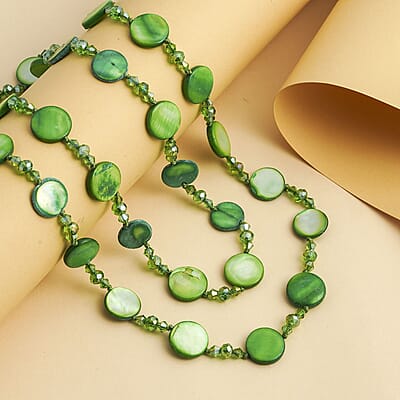 Green Shell Pearl Coin, Green Glass Beaded Necklace 47 Inches