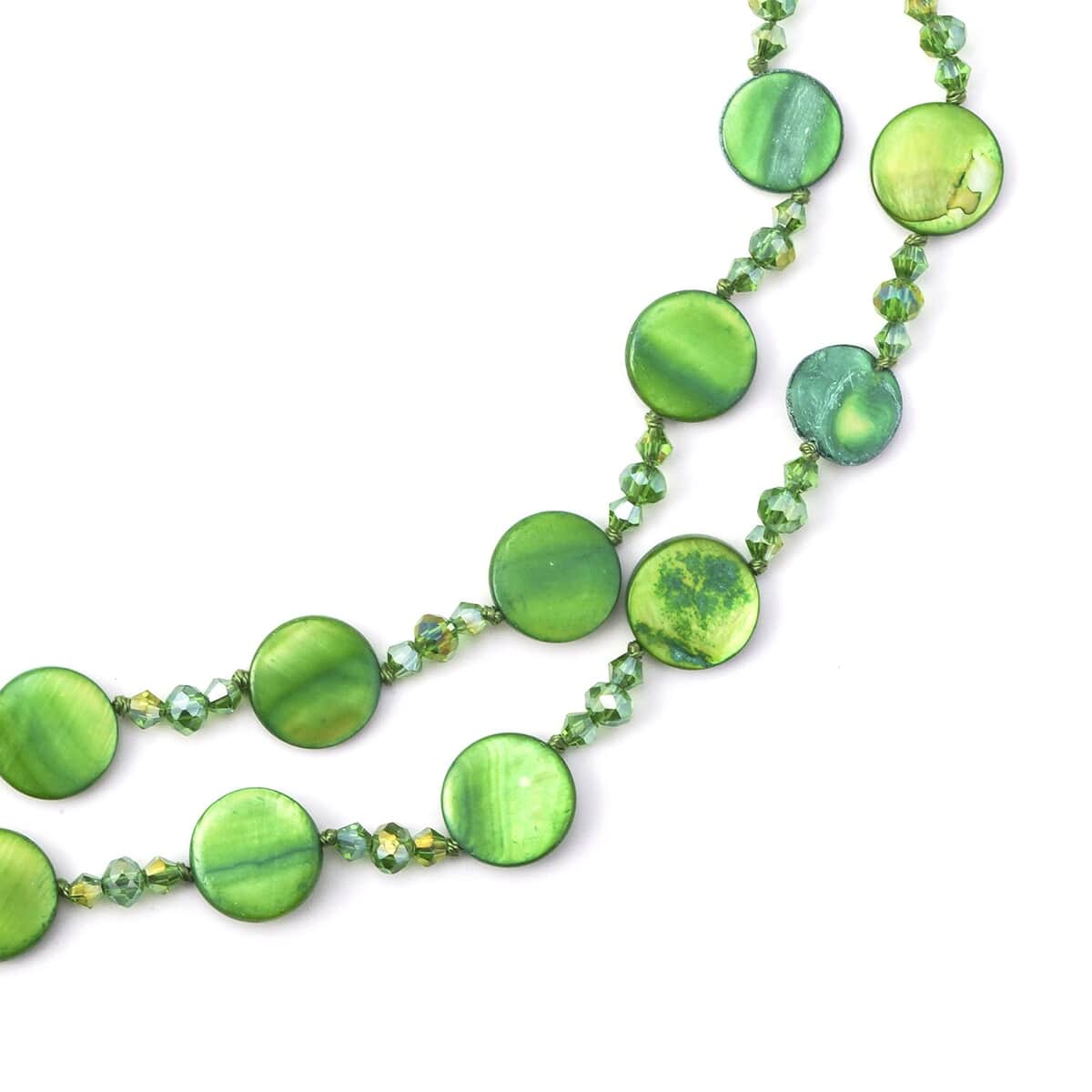Green Shell Pearl Coin, Green Glass Beaded Necklace 47 Inches image number 2