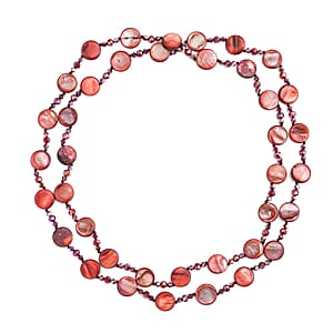Red Shell Pearl Coin and Red Glass Beaded Necklace 47 Inches