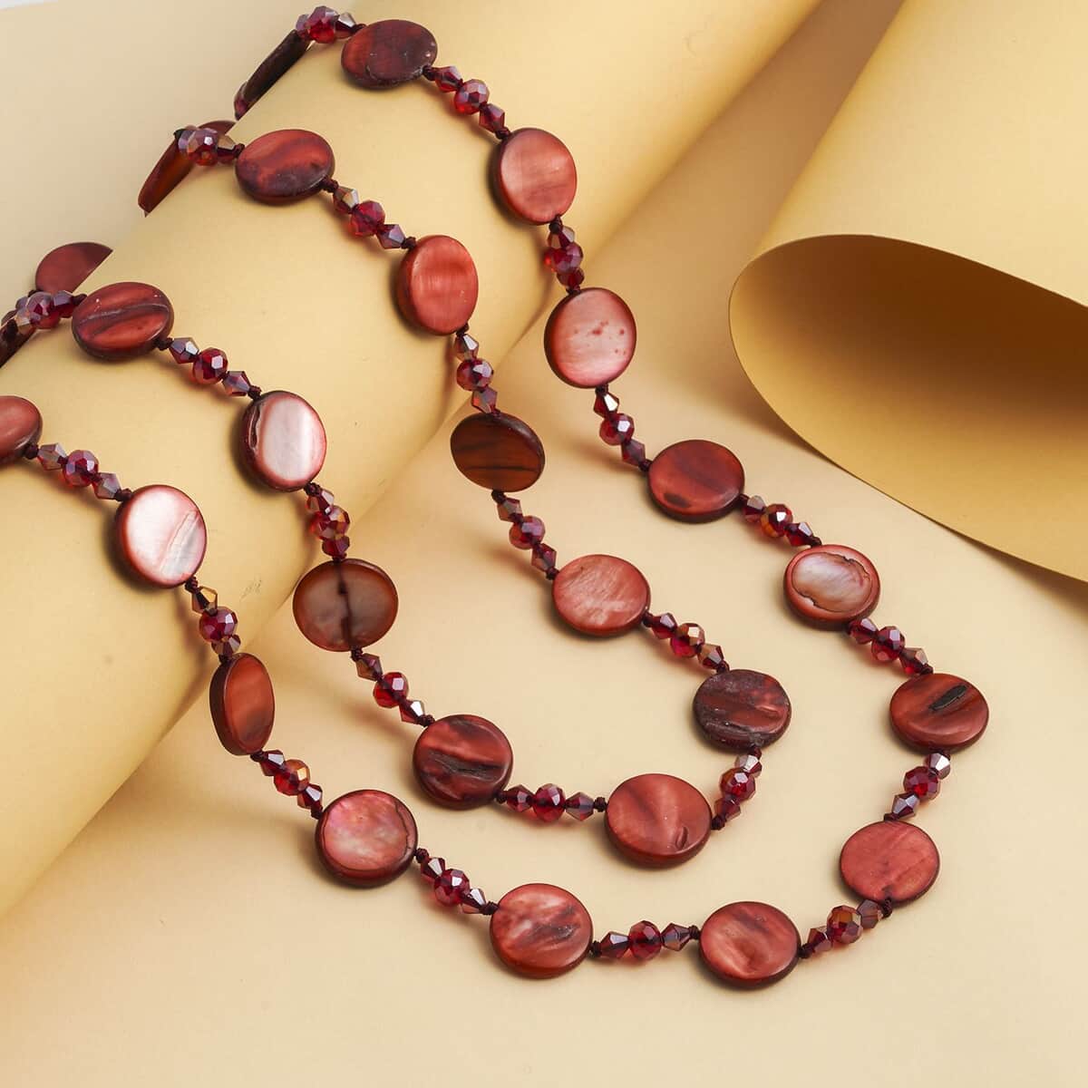 Red Shell Pearl Coin and Red Glass Beaded Necklace 47 Inches image number 1