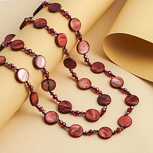 Red Shell Pearl Coin and Red Glass Beaded Necklace 47 Inches