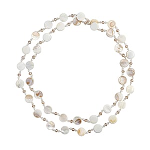 Natural Color Shell Pearl Coin, White and Champagne Glass Beaded Necklace 47 Inches