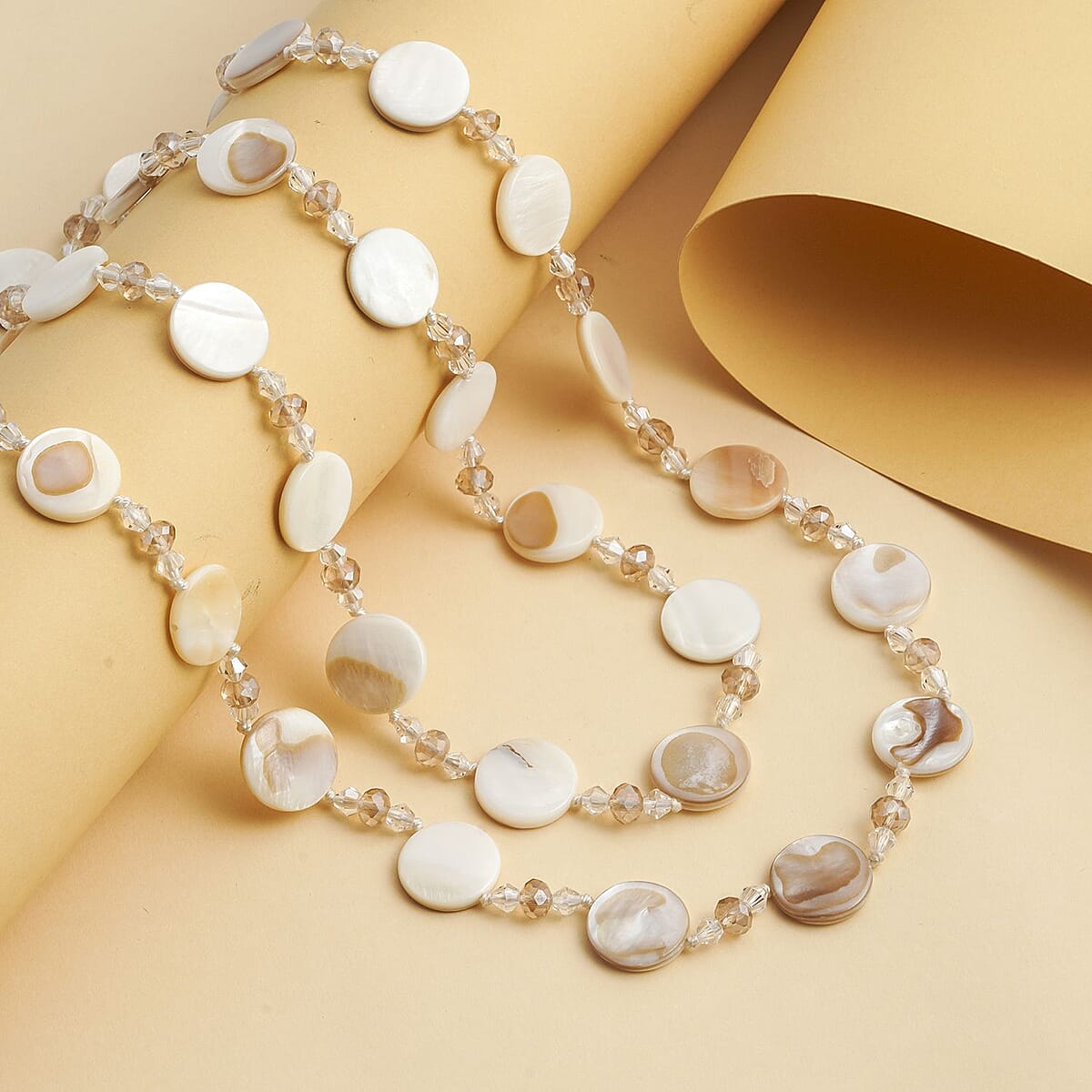 Natural Color Shell Pearl Coin, White and Champagne Glass Beaded Necklace 47 Inches image number 1