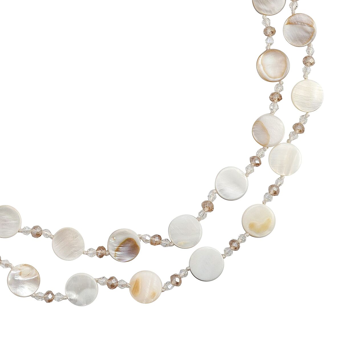 Natural Color Shell Pearl Coin, White and Champagne Glass Beaded Necklace 47 Inches image number 2